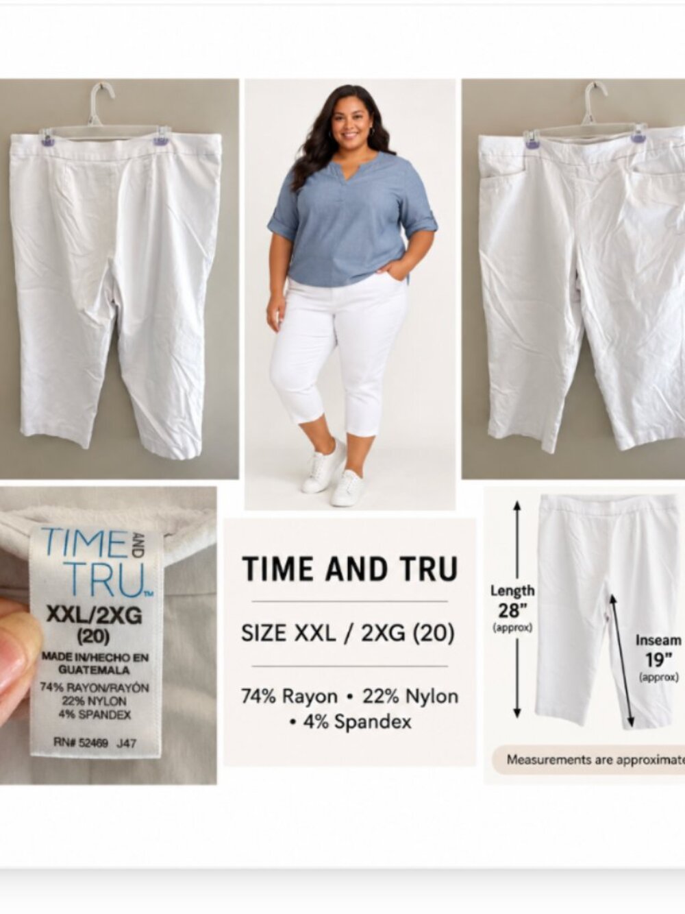 Time and Tru White Stretch Capri Pants Womens Size XXL 20 Pull On Crop Pants